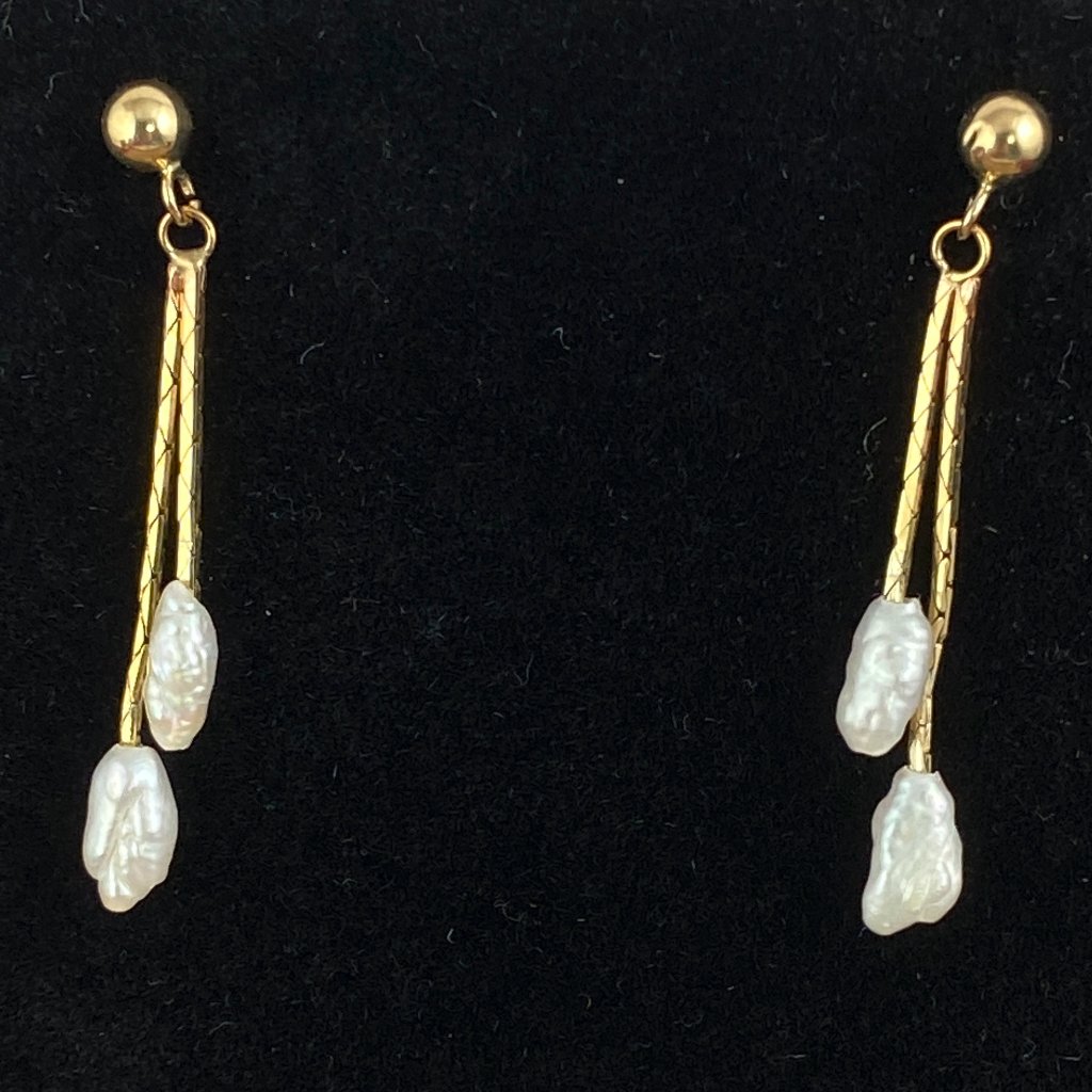 Vintage 14k Gold Pearl Drop Earrings 2 Strand Cobra Chain With 4mm Ball Studs